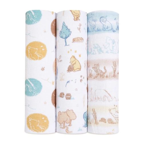 aden + anais Boutique Muslin Swaddle Blanket for Baby Girls and Boys, Newborn Receiving Blanket for Swaddling, 100% Muslin Cotton Swaddle Wrap, 3 Pack, Winnie in The Woods, Disney Baby