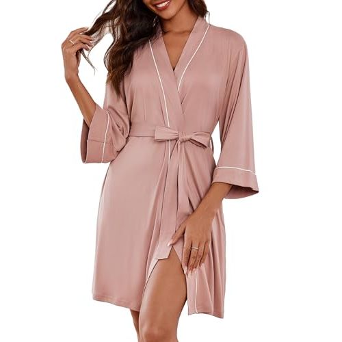 Ekouaer Women Kimono Robes Knee Length Knit Bathrobe Lightweight Soft Sleepwear V-neck Casual Ladies Loungewear