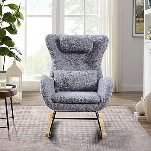 33.07" Rocking Chair,Teddy Upholstered Rocking Chair,Lndoor with High Backrest Rocking,Adjustable Headrrest Cushion, for,Living Room,Bedroom,Reading Room,Gray