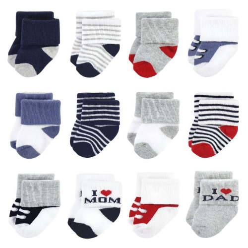 Hudson Baby Infant Boy Cotton Rich Newborn and Terry Socks, Mom Dad Boy Navy Red, 0-6 Months