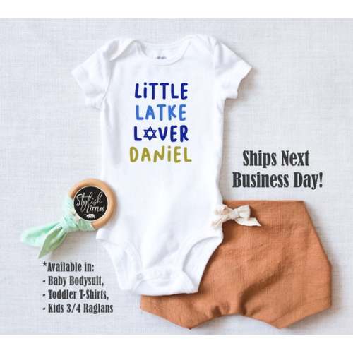 Little Latke Lover Hanukkah Funny Baby Onesies®, Personalized Name Jewish Chanukah Holiday Kids Shirt, Baby Boy Girl Outfit, Dreidel Menorah