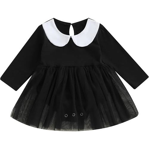 Muasaaluxi Newborn Baby Girl Halloween Outfit Long Sleeve Doll Collar Romper Tutu Dress Black Bodysuit Halloween Dress 0-24M