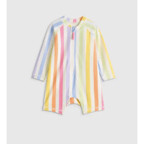 Long Sleeve Zip-Up Rash Guard One-Piece - Baby in Rainbow Stripe