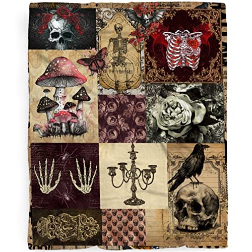 Retro Collage Gothic Blanket Gifts for Baby, Anxiety Rose Skull Butterfly Skeleton Throw Blanket for Girls Boys,Soft Lightweight Flannel Fleece Mushroom Blankets Sheet for Nursery Kids 40x30In