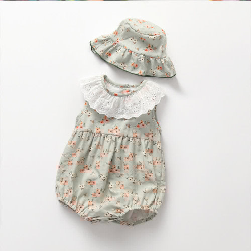 Baby Floral Green Bodysuit with Hat
