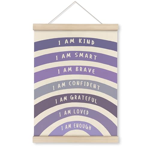 HRQKO Purple I Am Kind Smart Poster Hanger Frame, Boho Rainbow Classroom Wall Art with Wooden Frames, Positive Affirmation Hanging Wall Decor for Nursery Girls Room, Mental Health Decor,12x16 inch