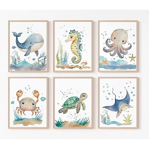 Wodkwq Nursery Wall Art Sea Animal Canvas Prints Baby Girl Boy Room Decor Watercolor Paintings Pictures Cute Ocean Theme Toddler Room Decoration Set of 6 for Kids Bedroom Bathroom 8x10in Unframed