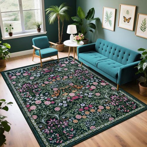 6x9 Area Rugs for Living Room: Floral Washable Rug Vintage Large Soft Boho Non-Slip Carpet Indoor Stain Resistant Thin Carpets for Bedroom Dining Room Farmhouse Nursery Hallway Home Office Dark Green