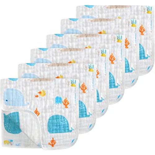 Looxii Muslin Burp Cloths 100% Cotton Muslin Cloths Large 20''x10'' Extra Soft and Absorbent 6 Pack Baby Burping Cloth (Whale)