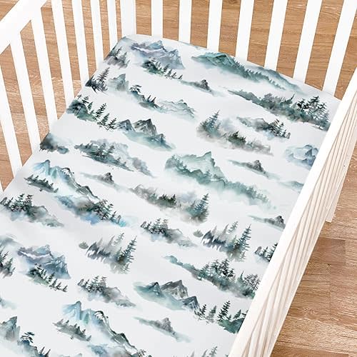 Watercolor Misty Forest Painting Fitted Baby Crib Sheets for Girl Boy - 52"x28" Woodland Mountain Foggy Crib Mattress Cover - Soft Breathable Baby Bed Sheet for Standard and Toddler Mattress