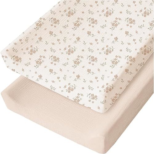 Konssy Muslin Changing Pad Cover for Baby Girls Boys, 100% Cotton Fitted Diaper Chang Table Covers, Soft Breathable Changing Pad Sheets, 2 Pack (Blossom, Cream)