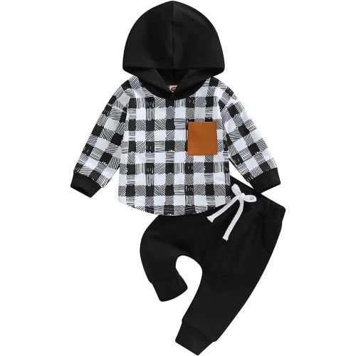 Baby Boy Clothes 6 9 12 18 24M 3T Outfits Pants Set Patchwork Hoodie Letter Printed Sweater Fall Winter Outfit - Black-plaid - 0-6 Months