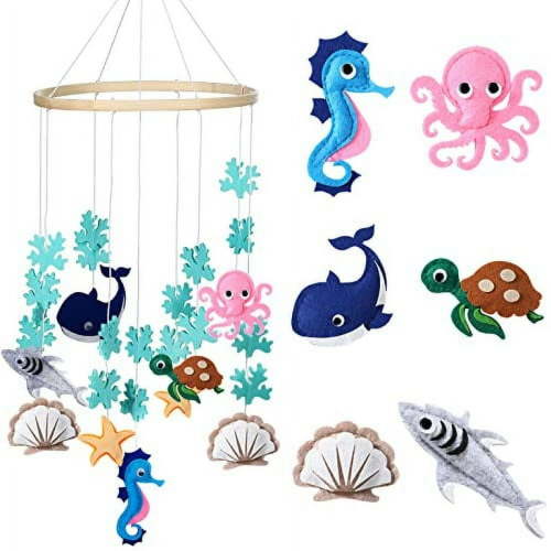 Woodland Ocean Mobile for Crib Jungle Baby Nursery Mobiles Forest Safari Mobile for Crib Baby Mobiles Animals Woodland Nursery Decor for Baby Boys Toys Girls Room Decor (Sea Animal)