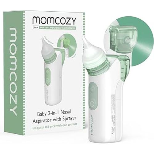Momcozy 2-in-1 Baby Nasal Aspirator with Nasal Spray, Electric Nasal Aspirator for Baby, Battery Powered Nose Aspirator for Newborn and Toddler, 2 Tips Replacements