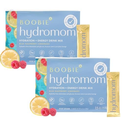 Boobie Hydromom Superfood Electrolyte Drink Mix, Blue Raspberry Lemonade | Refreshing Energy & Hydration Boost for Mamas | On-The-Go & Travel Essentials for Pregnancy, Lactation, & Beyond - 2 Pack