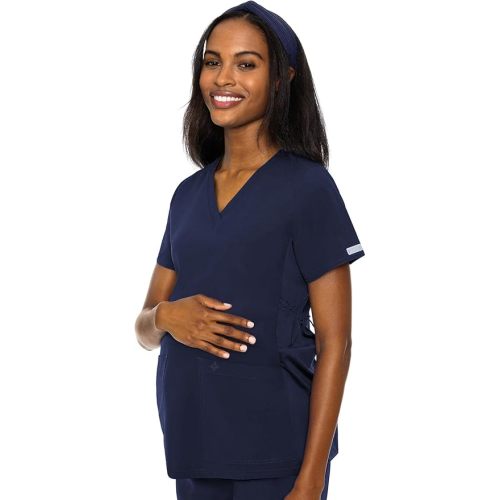 Med Couture Maternity V-Neck Scrub Top – Soft 360° Stretch Pregnancy Scrubs with Adjustable Waist & Pockets – MC8459