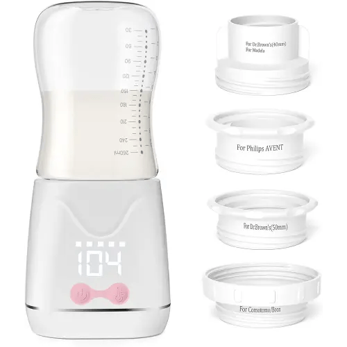 Portable Bottle Warmer, w-maxa Fast Baby Bottle Warmer for Travel with Glass Bottle & 4 Adapters, Rechargeable Bottle Warmer On The Go with Precise Temperature Control for Breastmilk, Formula