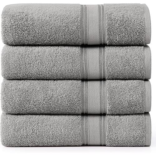 LANE LINEN 100% Cotton Bath Towels Set of 4 (28"x54") - Zero Twist, Mercerized Cotton Extra Large Bathroom Towel Sets - Quick Dry, Soft & Absorbent Grey Towels Set - Pre Shrunk, Fade Resistant - Grey