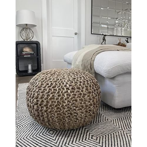 S & L Homes Pouf Ottoman - 100% Natural Jute Braided- Footrest Pouf Hand Knitted - Traditional Cord Boho Pouffe - for The Living Room, Bedroom, Nursery, Patio, Lounge (20" x 20" x 14")
