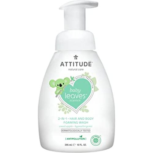 ATTITUDE 2-in-1 Natural Hair and Body Foaming Wash for Baby, EWG Verified Shampoo, Hypoallergenic Bath Soap, Sweet Apple, 10 Fl. Oz.