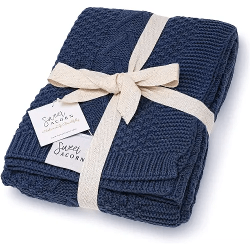 Knit Baby Blanket in Cable Pattern, Organic Cotton Blankets for Crib or Stroller, Receiving Blankets - Bay Blue