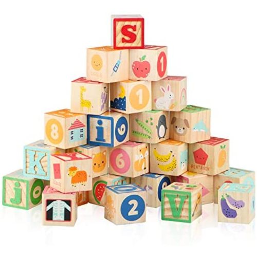 ABC Wooden Building Blocks for Toddlers 1-3, 1.65'' Large Wooden Alphabet Number Blocks Set for Baby Stacking, 26 PCS Preschool LearningToys for Boys and Girls Gifts