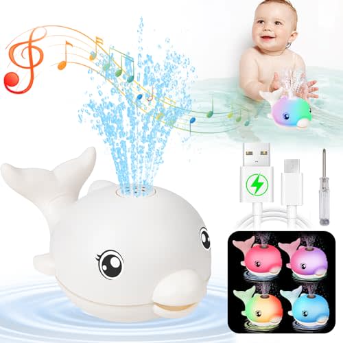 Bath Toys, Light Up Dolphin Baby Bath Toys for Babies 6-12 12-18 Months, Rechargeable Sprinkler Musical Toys, Easter Basket Stuffers Bathtub Toys for Toddlers 1-3 2-4 Boys Girls Infant Kids- White