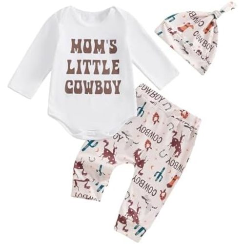 Dcohmch Western Baby Boy Clothes Mamas Little Cowboy Long Sleeve Romper Shirt + Pants + Hat Newborn Infant Fall Outfits