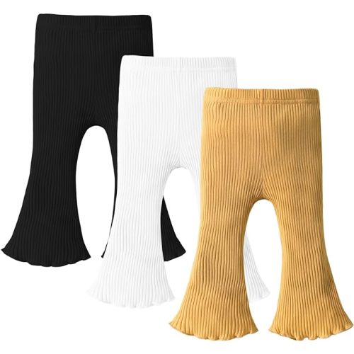 DREAM BUS 3 Pack Baby Girl Pants Toddler Leggings Solid Ribbed Cotton Baby Girls Flare Pants Toddler Bell Bottoms