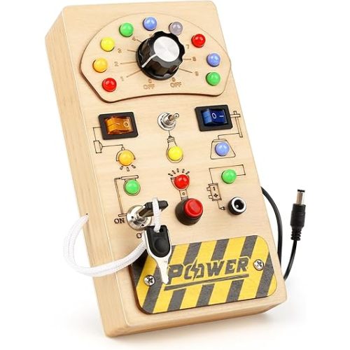 Dreamon Montessori Wooden Busy Board with 15 Led Lights - Baby Sensory Toys Light Switch Travel Toys for Ages 2-4 - Preschool Learning Activities Christmas & Birthday Gifts for Toddlers 1-3