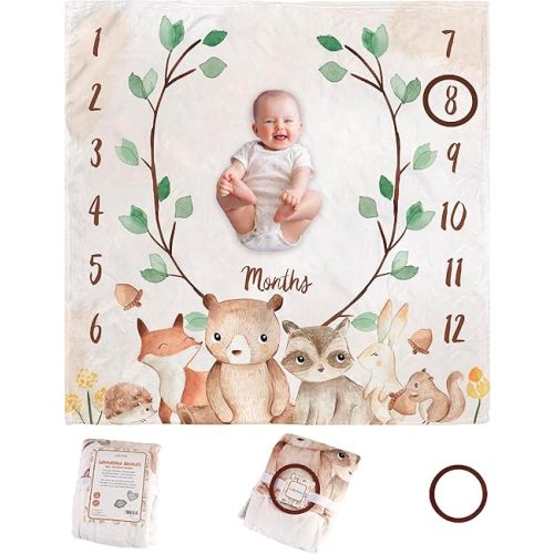 Monthly Baby Milestone Blanket,47"x47" Premium Fleece Baby Monthly Milestone Blanket for Baby Boy or Baby Girl with Felt Marker, Baby Month Milestone Blanket (Woodland Animals)
