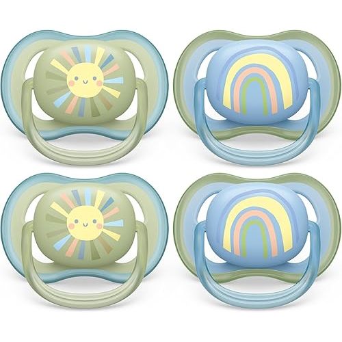 Philips Avent Ultra Air Pacifier 0-6m, Smiling Sun/Blue Rainbow, 4 pack SCF085/49