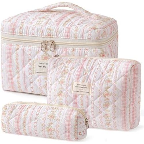 HBselect Quilted Makeup Bag, 3PCS Cotton Large Travel Makeup Bag, Cute Floral Coquette Make up Bag Cosmetic Bag Toiletry Bag for Women Girls