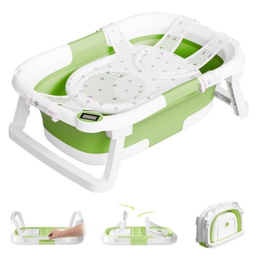TUMAJUP Collapsible Baby Bathtub for Infants and Toddlers with Bath Net and Thermometer-Green