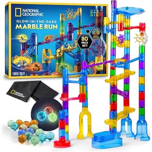 NATIONAL GEOGRAPHIC Glowing Marble Run – Construction Set with 15 Glow in the Dark Glass Marbles & Storage Bag, STEM Gifts for Boys and Girls, Building Project Toy (Amazon Exclusive)