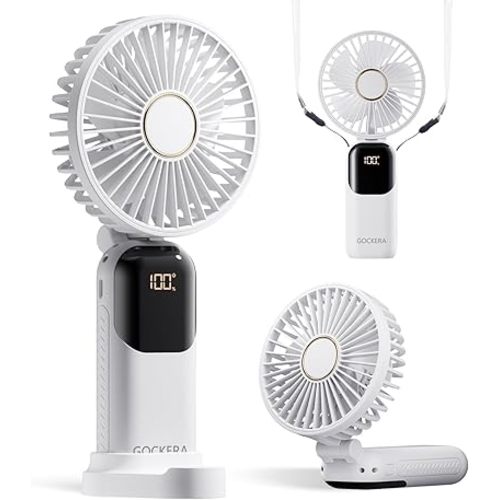 Portable Fan, 4200mAh Battery Operated Fan, 5 Speeds&Digital Display, Makeup Fans for Women with Base, 180°Foldable 3in1 Handheld/Neck/Desk Fan for Outdoor Indoor,Ultra Quiet (White)
