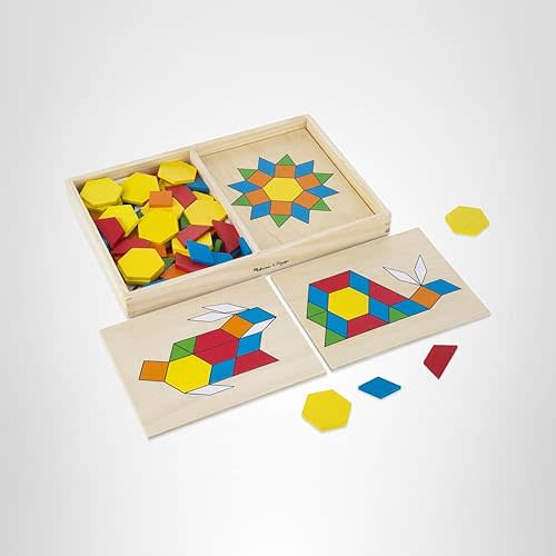 Melissa & Doug Pattern Blocks and Boards with 120 Multi-Colored Wooden Shape Tiles, 5 Double-Sided Puzzle Boards, Tangram Puzzles, Montessori Toys for Girls & Boys
