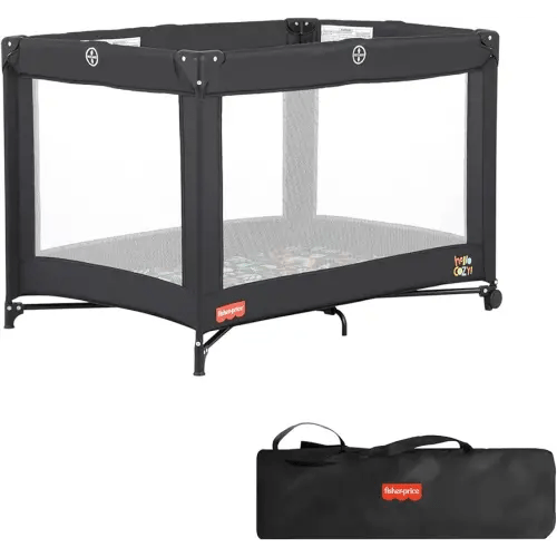 Fisher-Price Play All Day Portable Playard, ASTM Certified, Ideal for Babies & Toddler, One-Hand Fold, Breathable Mesh, Travel Playard with Carry Bag, Easy to Clean - Black