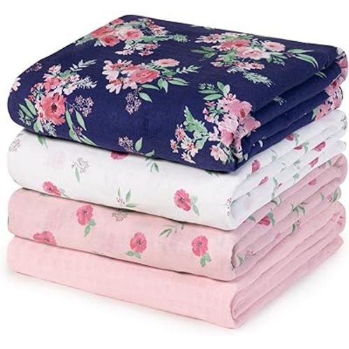 david's kids 4 Pack Baby Muslin Swaddle Blankets,100% Cotton and Ultra Soft Breathable Receiving Blanket Wrap for Girls, New Born Essentials, Large 47 x 47 inches, Floral Flowers/Pink