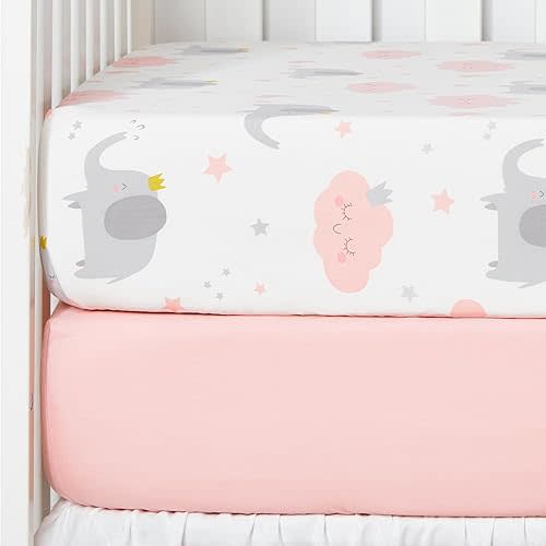 TILLYOU 2 Pack Fitted Crib Sheet Set - 100% Natural Cotton Toddler Bed Mattress Sheets,Standard 28”x 52”, Elephants Clouds&Pink