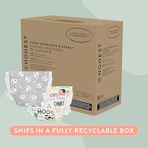 The Honest Company Clean Conscious Diapers | Plant-Based, Sustainable | Pandas + Barnyard Babies | Super Club Box, Size 2 (12-18 lbs), 124 Count