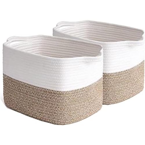 2 Pack Storage Basket for Organizing, Gift Basket Empty, 15''X10''X9'' Storage Bins, Rope Basket with Handles, Blanket Basket for Living Room, Bedroom, Laundry, Nursery, Brown/White.