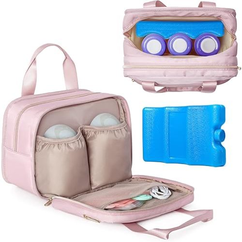 Fasrom Wearable Breast Pump Bag with Cooler and Ice Pack Compatible with Elvie Pumps and Medela Pump in Style, Insulated Pump Carrying Case to Hold Extra Pump Parts, Pink (Patent Design)