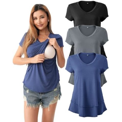 SUNNYBUY 3 Pack Hidden Nursing Tops for Breastfeeding Women Double Layer V Neck Maternity Shirts Postpartum Tee