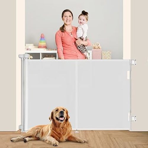 Upgraded 59" Retractable Baby Gates with Reinforced Strip Design to Prevent Crawling Through, 42" Extra Tall Retractable Gates, 5 FT Retractable Dog Gate for Stairs, Doorways, Hallways