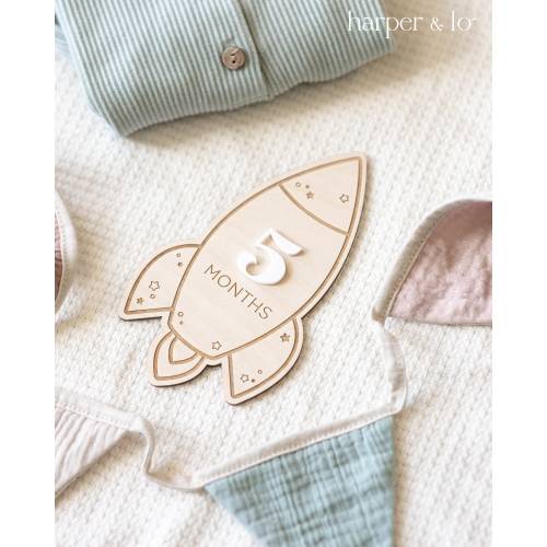 Wooden Rocket Ship Interchangeable Milestone Cards | Custom Name | Astronaut Baby Milestone Markers | Baby Shower Gifts | Boho, Sustainable