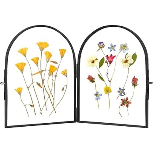 Double Glass Frame for Pressed Flowers Handmade, Pressed Flower Frame, Hinged Tabletop Brass Photo Frames, Dried Flower Display Folding Picture Frame for Home, ArcShaped, Black, 6×8 Inches