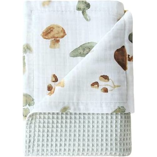 Mushroom Muslin Swaddle Blanket, Baby Waffle Knit Blanket Neutral, 2 Layers Infant Newborn Crib Stroller Receiving Blanket for Boys & Girls