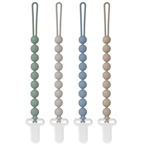 Pacifier Clips Silicone, 4-Pack Pacifier Holder Clip with Stylish Round Design, 100% Food Grade Silicone, Safe Essentials for Newborns Baby Boys and Girls