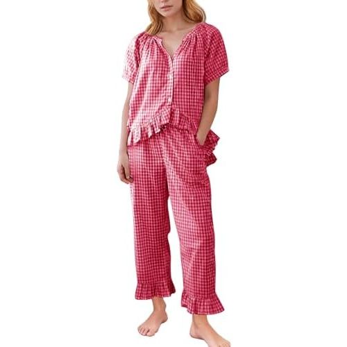 Flygo Womens Plaid 2 Piece Pajamas Sets Gingham Button Down Puff Sleeve Babydoll Shirt Ruffle Pants Y2K Pjs Lounge Set
